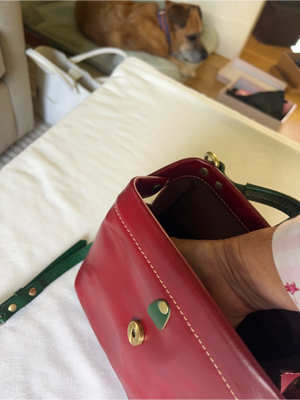 Red Leather Satchel with Green Strap - Classic Top Handle Crossbody - Picture 7 of 13